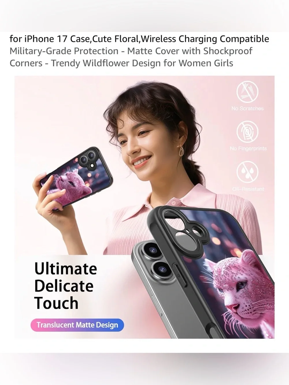 Ip 17 case floral wireless charging compatible military grade pink leopard NEW